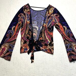 Purple abstract open V back long sleeve top